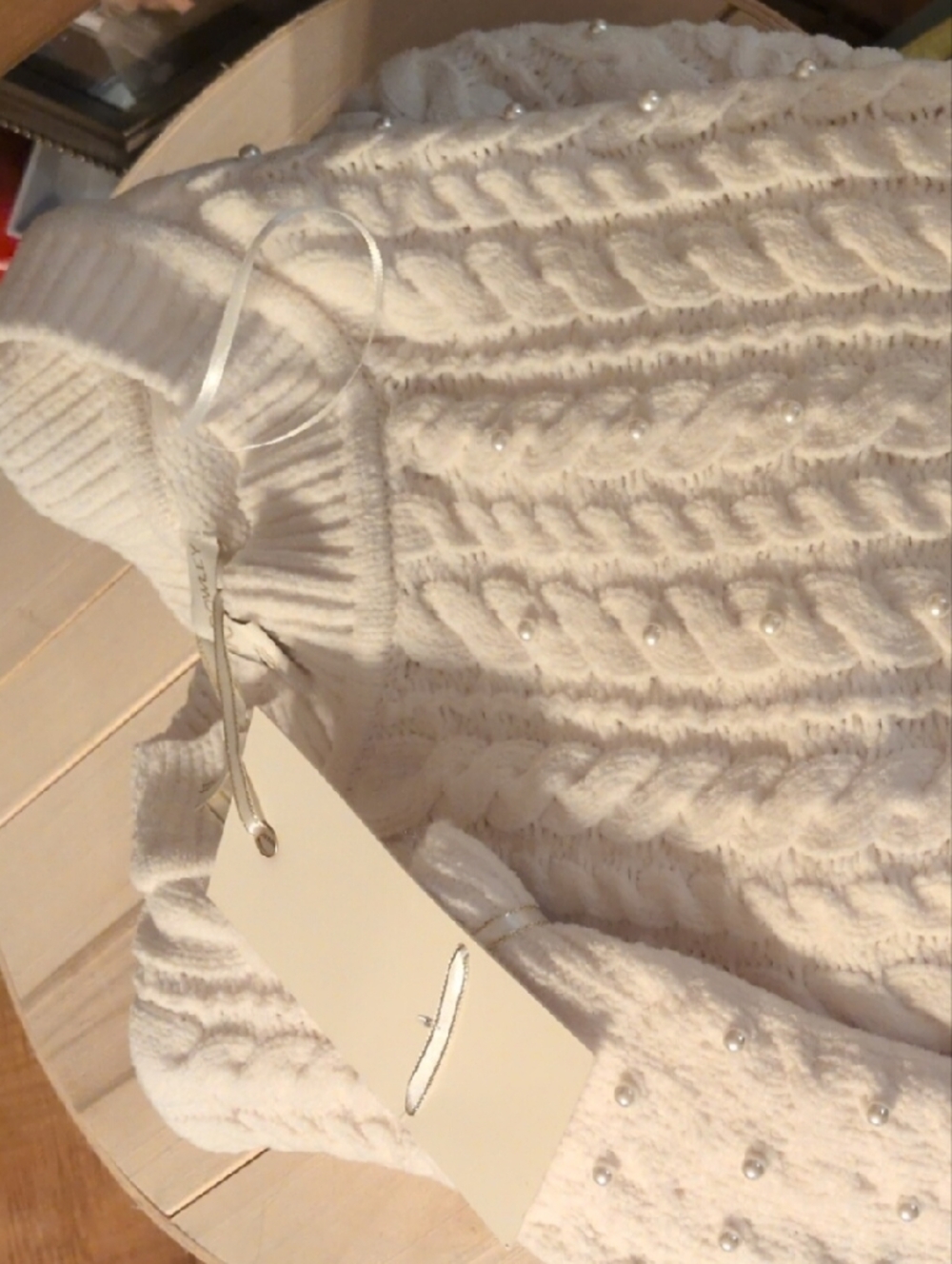 Cynthia Rowley Ivory Cable-Knit Crewneck Sweater with Pearl Details